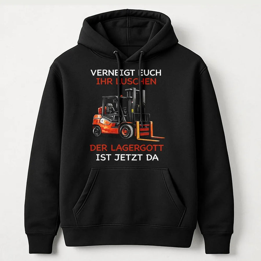 Lagergott Hoodie für Herren | Lustiger Spruch mit Gabelstapler | Premium Baumwolle Shirt | Geschenk für Lagerarbeiter & Staplerfahrer
