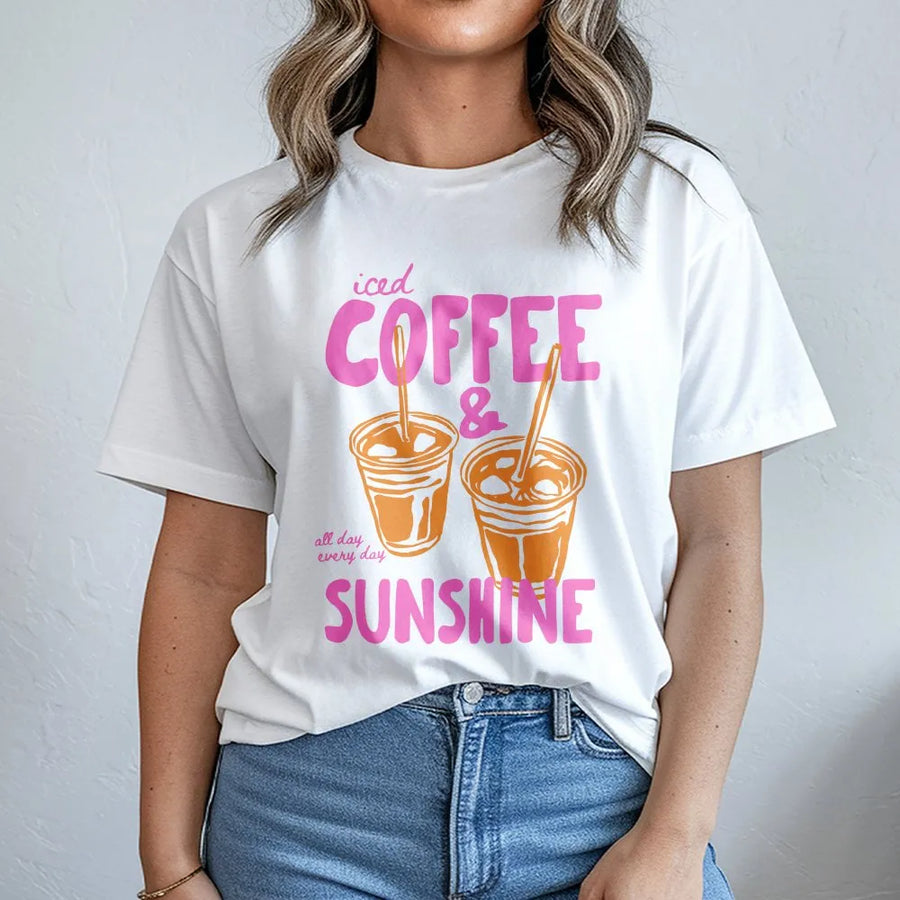 Iced Coffee and Sunshine T-Shirt | Summer Vibes Graphic Tee | Soft Cotton Shirt | Unique Gift for Coffee Lovers
