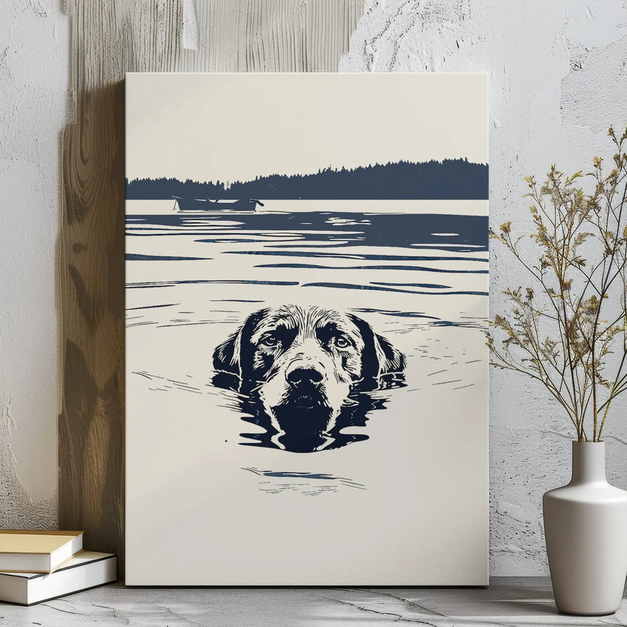 Labrador Retriever Wall Art | Minimalist Swimming Dog Lake Scene | Gallery Wrap Canvas Print | Premium Nature Lover Gift