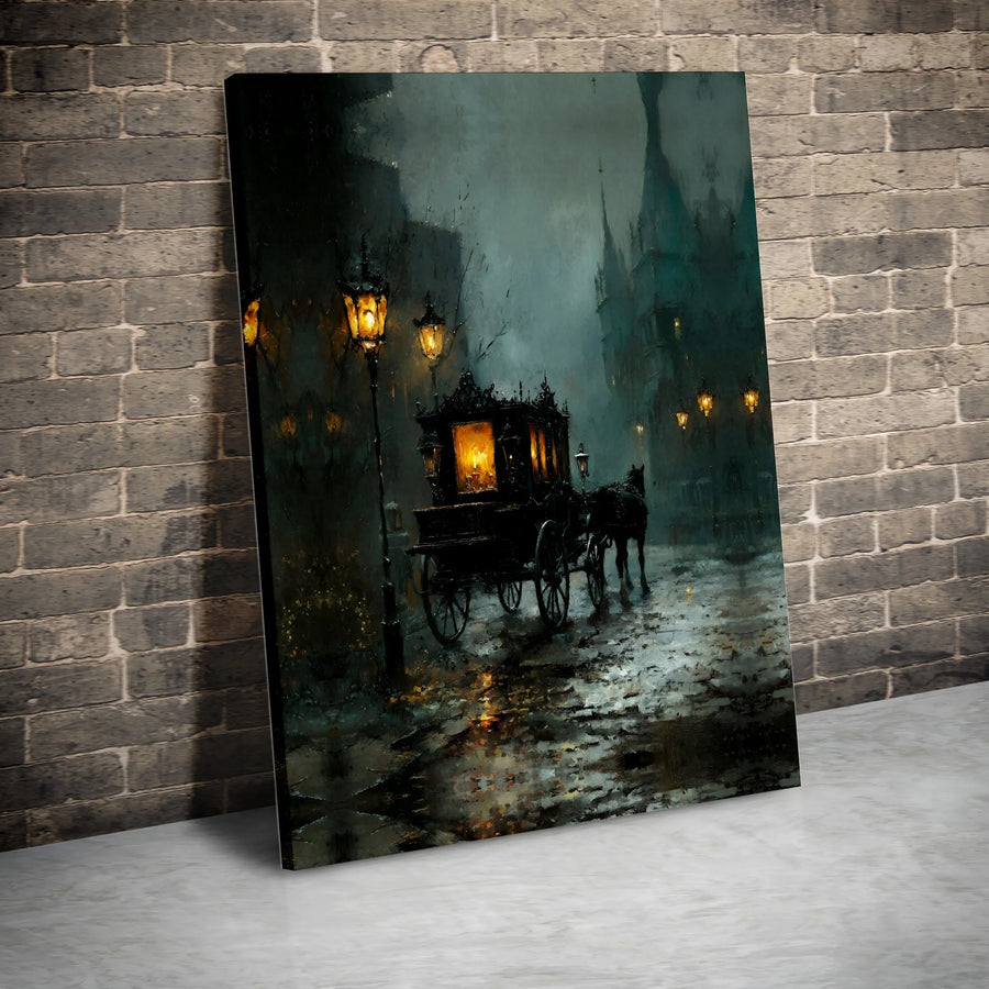 Gothic Horse-Drawn Carriage Canvas Art | Rainy Victorian Street Scene | Premium 1.25 Inch Gallery Wrap | Dark Academia Home Office Decor Gift