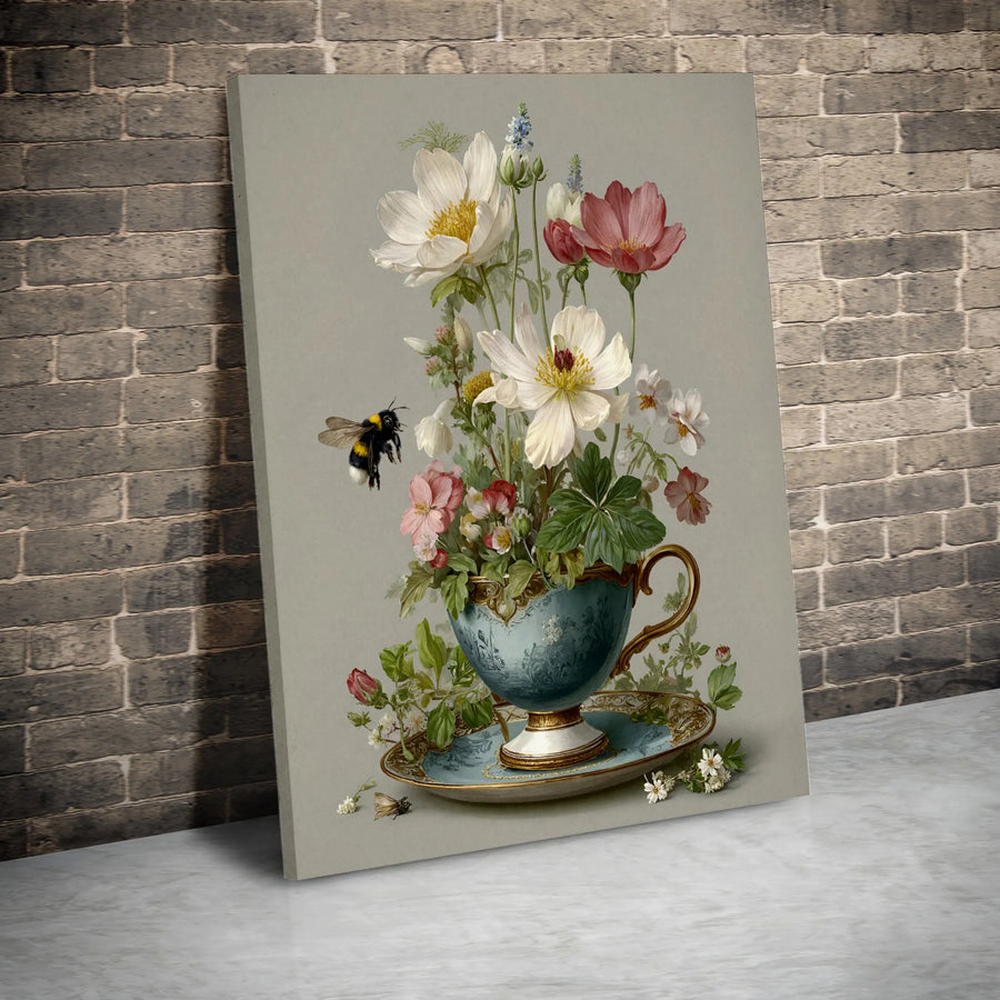 Vintage Floral Teacup Canvas Art | Botanical Bumblebee Wall Decor | Premium Fade-Resistant Print | Elegant Cottagecore Home Gift
