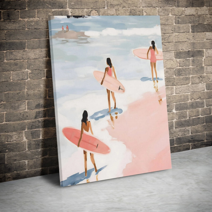 Coastal Surfer Girls Canvas Wall Art | Abstract Beach Landscape with Pink Surfboards | Premium Gallery-Wrapped Print | Modern Home & Office Decor