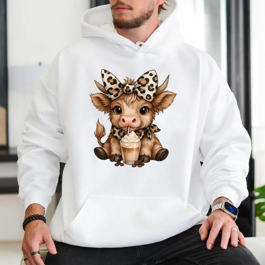 Highland Cow Coffee Hoodie | Leopard Bow Cute Animal Graphic | Premium Cotton Blend | Gift for Coffee Lovers & Farmhouse Decor Fans