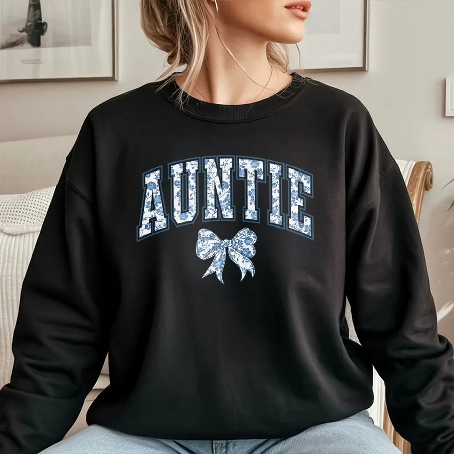 Auntie Sweatshirt | Blue Floral Collegiate Graphic with Bow | Premium Cotton Blend | Gift for New Aunt, Pregnancy Announcement