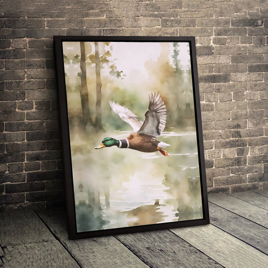 Mallard Duck Canvas Wall Art | Watercolor Flying Duck Nature Print | Premium 1.25-Inch Gallery Wrap | Rustic Wildlife Home Decor Gift