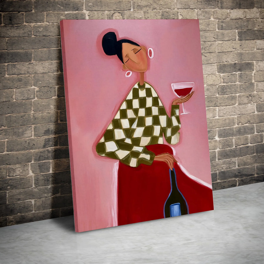 Chic Woman with Wine Vertical Canvas | Quirky Pink Aesthetic Female Illustration | Premium 1.25 Inch Gallery Wrap | Trendy Home Bar Decor, Gift for Wine Lovers