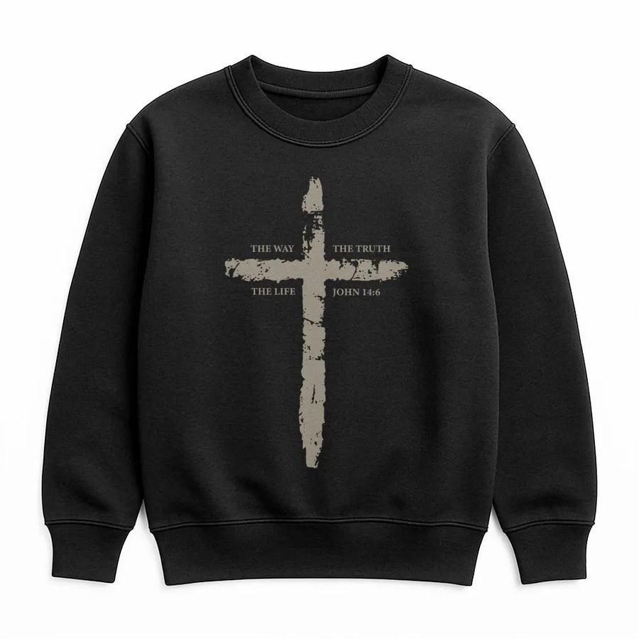 Christian Sweatshirt | John 14:6 Bible Verse Rustic Cross Graphic | Premium Cotton Blend | Inspirational Faith Gift for Men and Women
