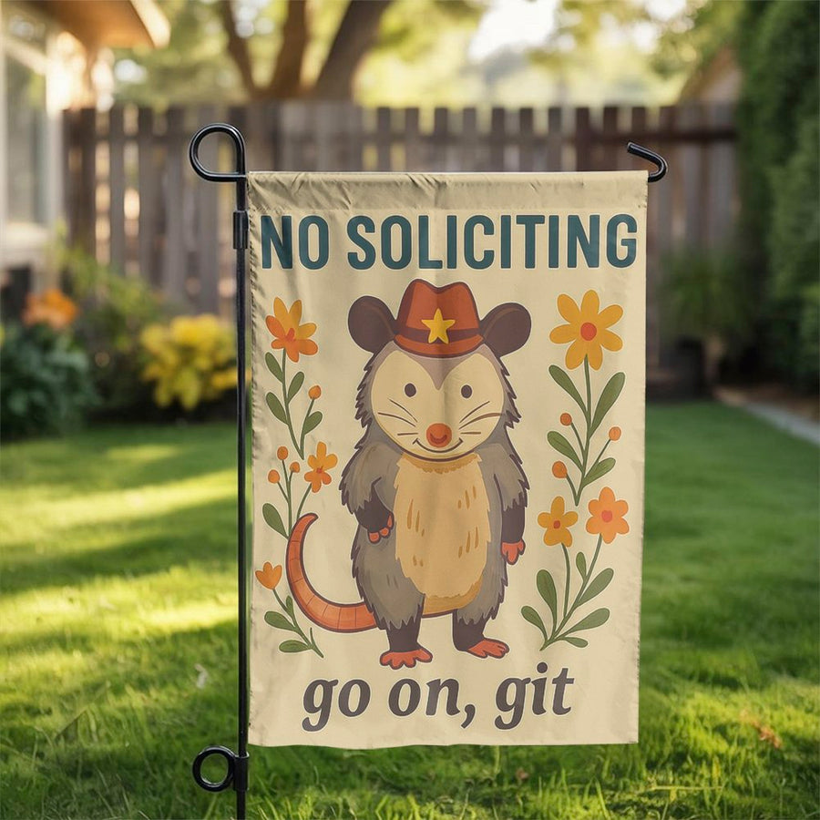 No Soliciting Garden Flag | Cowboy Possum Go On Git Decor | Weather-Resistant Polyester | Funny Porch Sign Gift for Nature Lovers