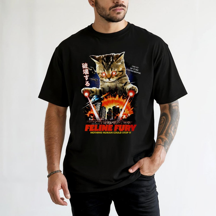 Feline Fury Cat Graphic T-Shirt | Vintage Kaiju Monster Design | 100% Premium Cotton | Funny Meme Gift for Cat Lovers