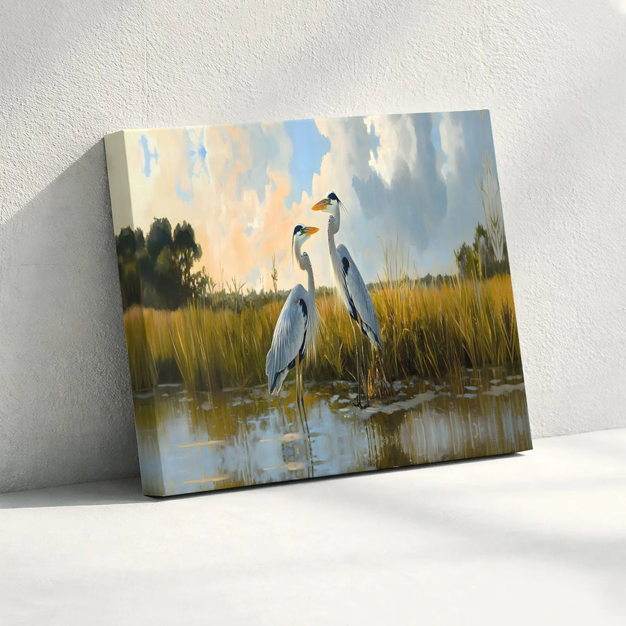 Great Blue Heron Wall Art | Coastal Marshland Landscape Print | Premium 1.25" Gallery Wrapped Canvas | Nature Lover Home Decor Gift