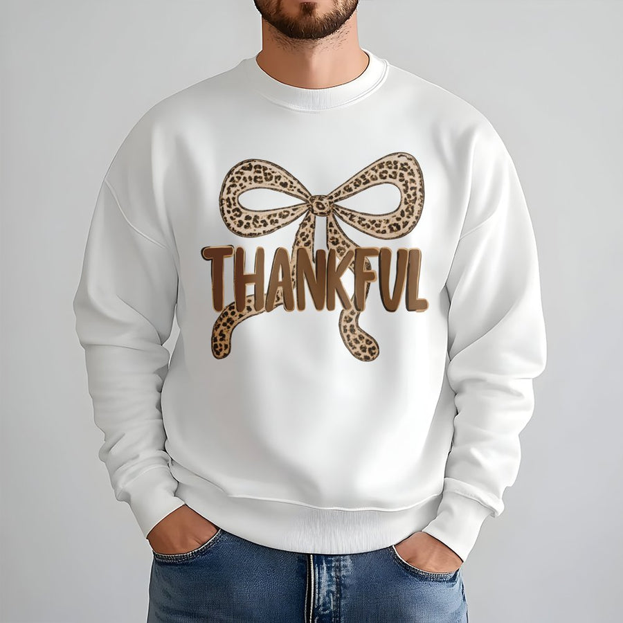 Thankful Leopard Bow Sweatshirt | Trendy Fall Graphic Pullover | Premium Cotton Blend Cozy Crewneck | Cute Thanksgiving Gift for Women
