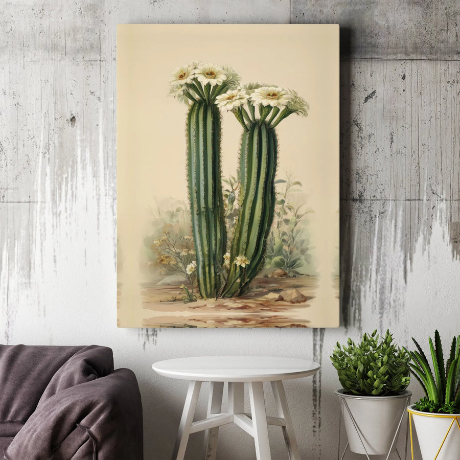 Vintage Saguaro Cactus Canvas Art | Botanical Desert Flowering Print | Premium Gallery Wrap Wall Decor | Southwest Home Office Gift for Nature Lover