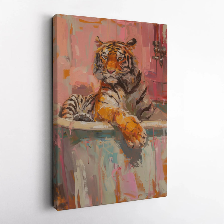 Tiger In Bathtub Canvas Wall Art | Whimsical Animal Portrait Painting | 1.25" Gallery Wrap Premium Print | Unique Home & Office Decor Gift