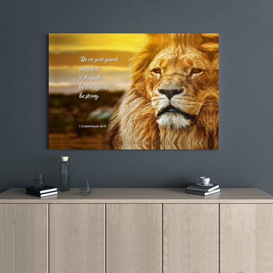 Lion Bible Verse Canvas Wall Art | 1 Corinthians 16:13 Scripture Print | Premium Gallery Wrap Wooden Frame | Christian Home Decor Gift