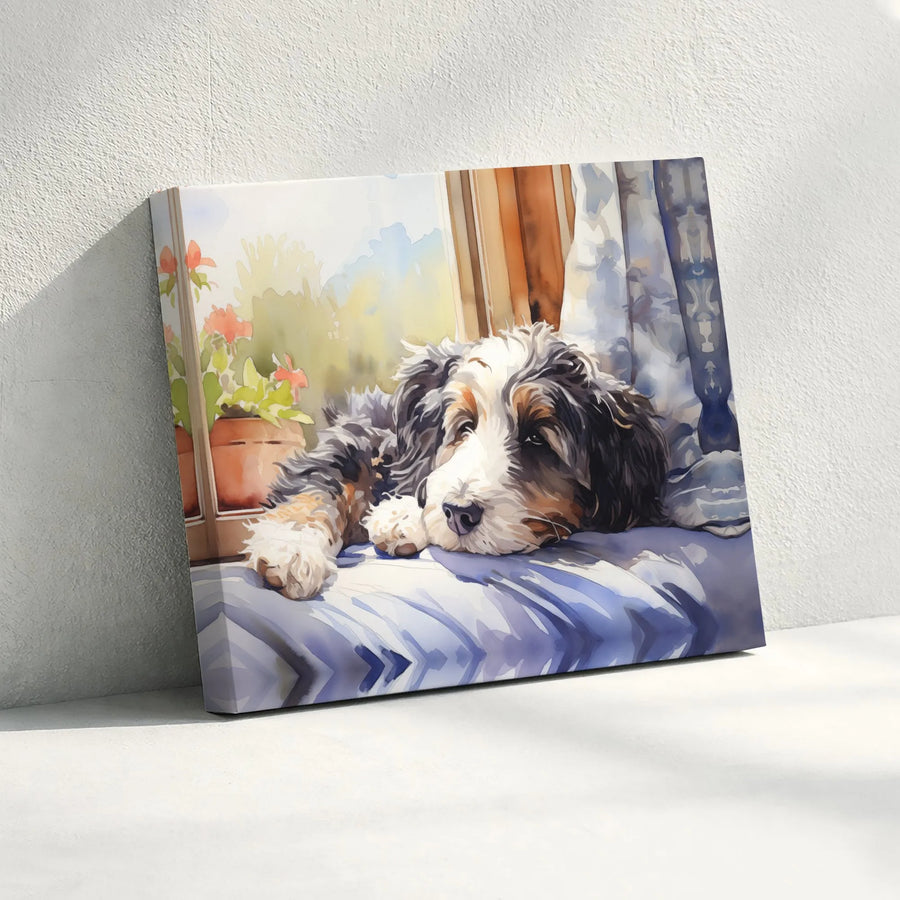 Bernese Mountain Dog Canvas Wall Art | Watercolor Sleeping Dog Print | Premium Gallery Wrapped Canvas | Gift for Dog Lover Pet Owner