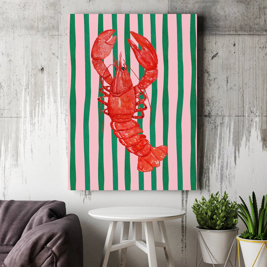 Lobster Canvas Wall Art | Preppy Coastal Design on Pink and Green Stripes | Premium Gallery Wrap | Unique Beach House & Kitchen Decor Gift