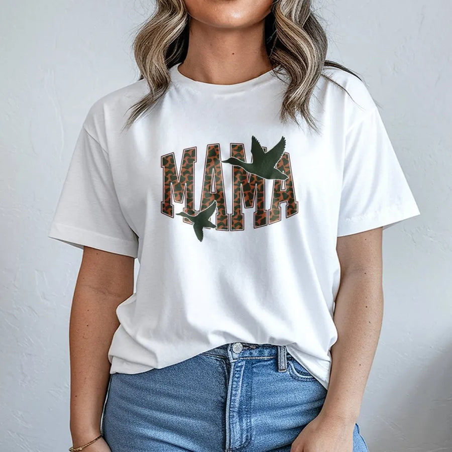 Camo Mama Duck Hunting T-Shirt | Distressed Varsity Font with Flying Mallards | Soft Premium Cotton Tee | Country Style Gift for Outdoorsy Moms