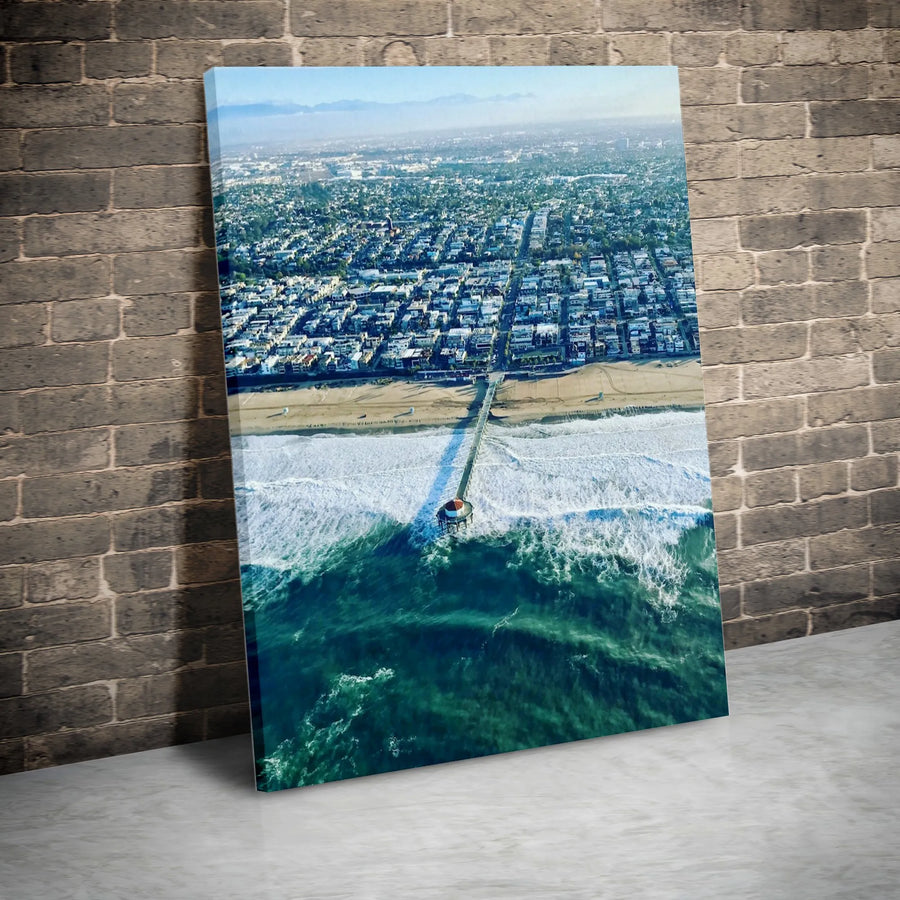 Manhattan Beach Pier Canvas Wall Art | Aerial Ocean Photography | Premium Gallery Wrapped Canvas | Coastal Home Decor Gift