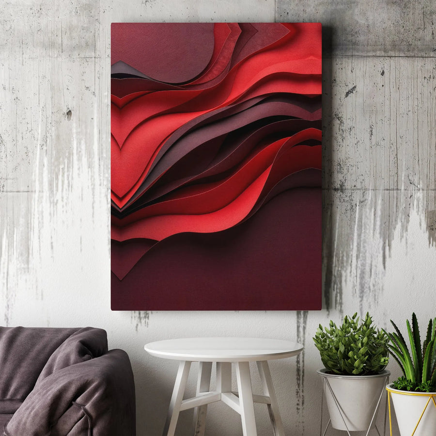 Abstract Red Waves Canvas Art | 3D Layered Paper Effect Print | Premium Gallery Wrapped Canvas | Modern Statement Art for Living Room