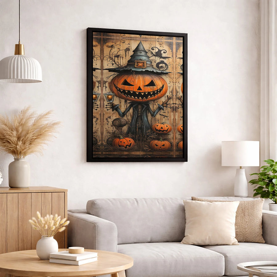 Spooky Pumpkin Scarecrow Canvas Art | Vintage Halloween Witch Hat Decor | Premium Fade-Resistant Gallery Wrap | Gothic Autumn Seasonal Gift