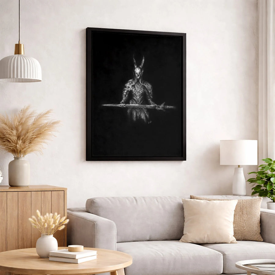 Dark Fantasy Knight Wall Art | Charcoal Sketch Warrior Drawing | Premium 1.25 Inch Gallery Canvas | Gothic Home Office Decor Gift