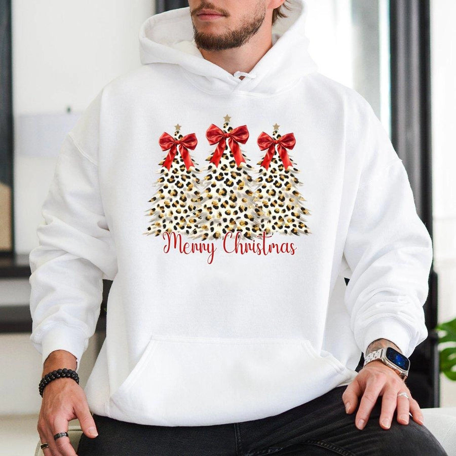 Leopard Print Christmas Tree Hoodie | Merry Christmas Bow Graphic | Soft Cotton-Polyester Blend | Trendy Holiday Gift for Women and Men