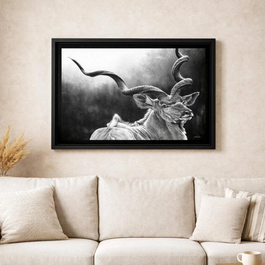 Greater Kudu Wall Art | Realistic Black and White Animal Portrait | Premium Gallery Wrapped Canvas | Wildlife Decor Gift for Home or Office