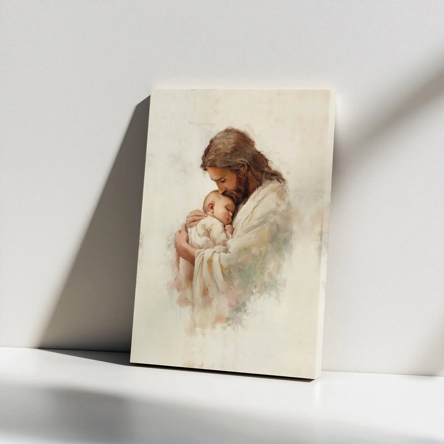 Jesus Holding Baby Canvas Wall Art | Soft Watercolor Religious Painting | 1.25 Inch Gallery Wrap | Christian Nursery Decor Baptism Gift