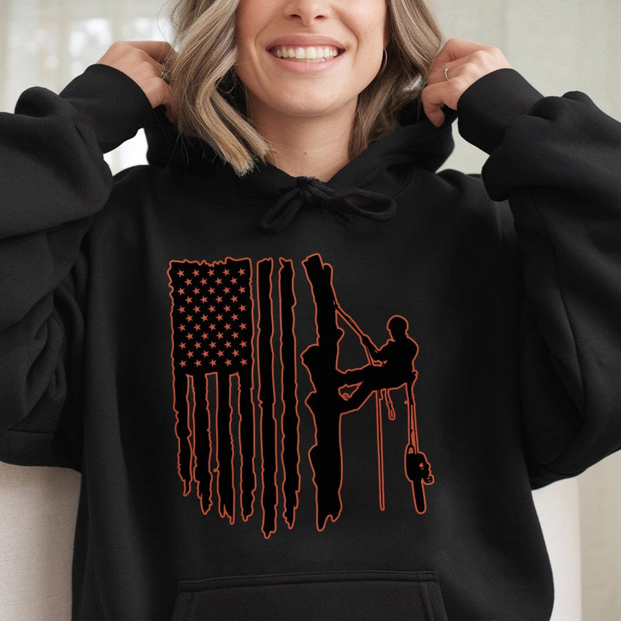 Arborist Tree Climber Hoodie | American Flag Silhouette Graphic | Premium Cotton Blend | Gift For Tree Surgeon Logger Lumberjack