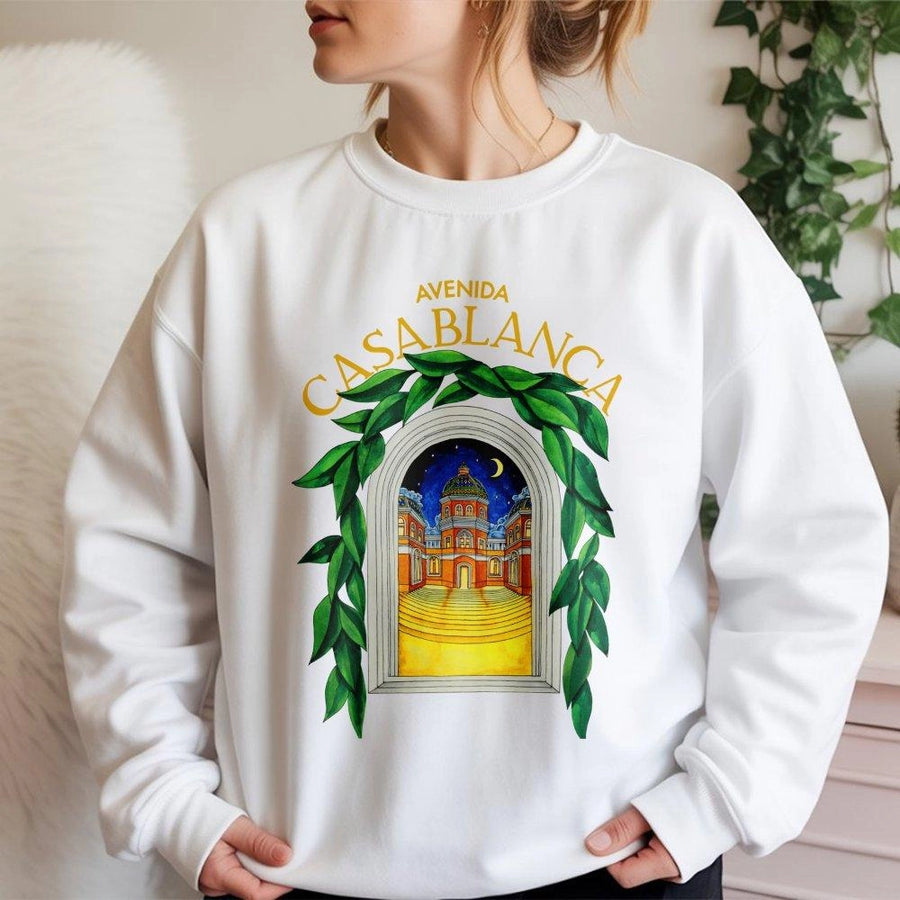 Avenida Casablanca Graphic Sweatshirt | Architectural Mediterranean Arch Design | Premium Cotton Blend | Artistic Travel Aesthetic Gift for Men & Women