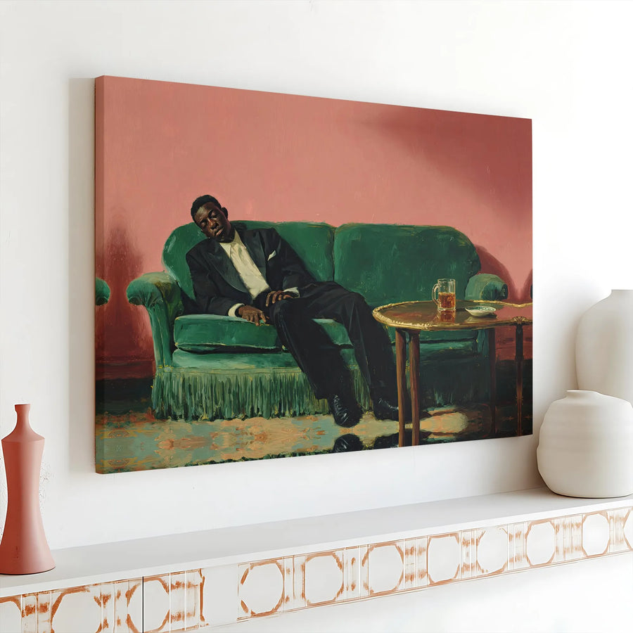 Man Resting on Green Sofa Canvas Art | Mid-Century Modern Moody Oil Painting Print | Gallery-Wrapped Premium Decor | Sophisticated Gift for Men