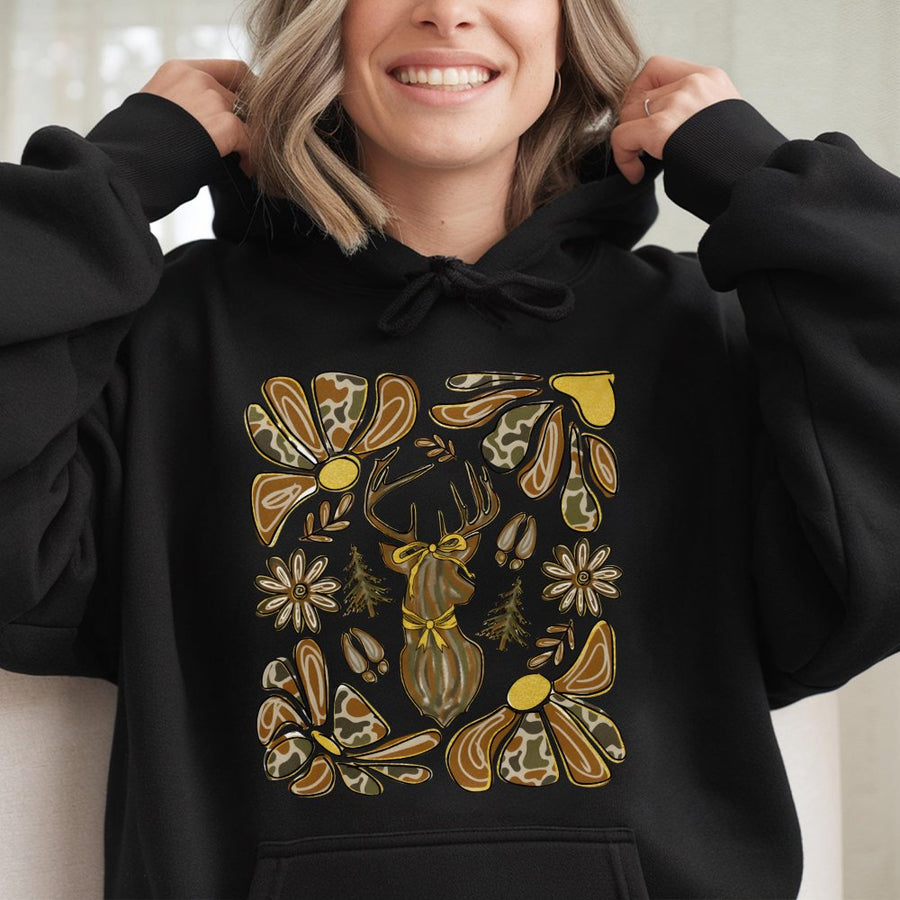 Boho Deer Hoodie | Coquette Bow Camo Floral Graphic | Premium Cotton Blend | Fall Hunting Season Gift for Her