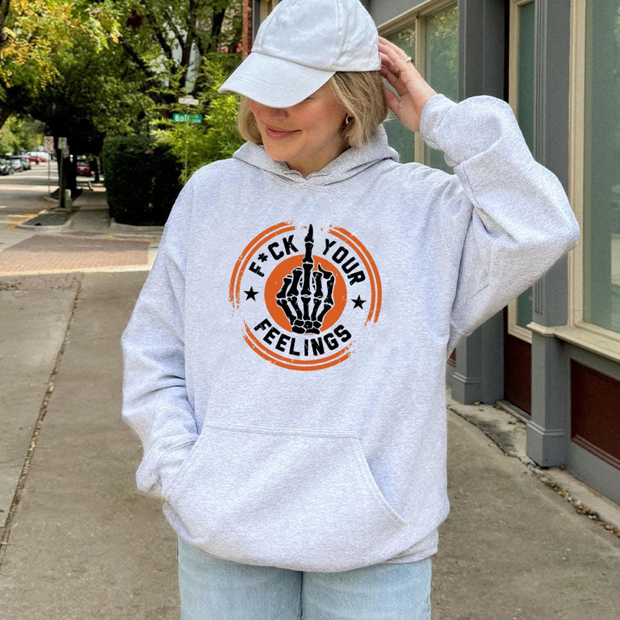 Skeleton Middle Finger Hoodie | Fuck Your Feelings Graphic Print | Cotton Blend Streetwear | Sarcastic Unisex Pullover Gift