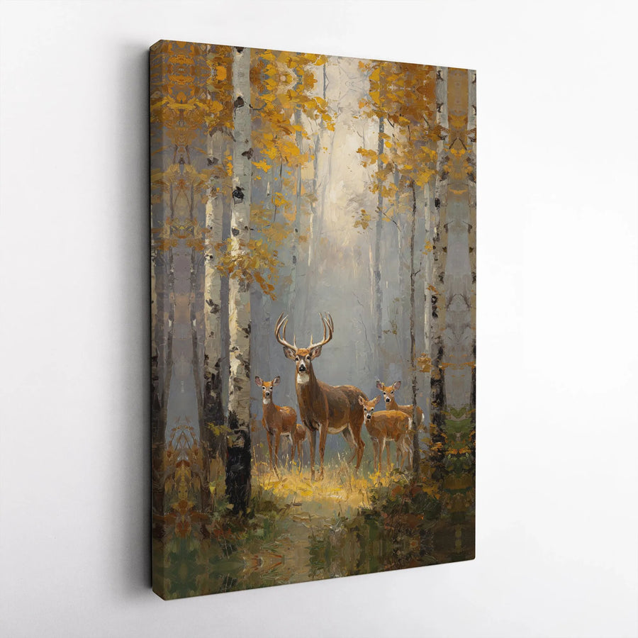 Deer Family Canvas Wall Art | Rustic Woodland Scene with Autumn Birch Trees | Premium Canvas Print | Lodge & Cabin Decor Gift