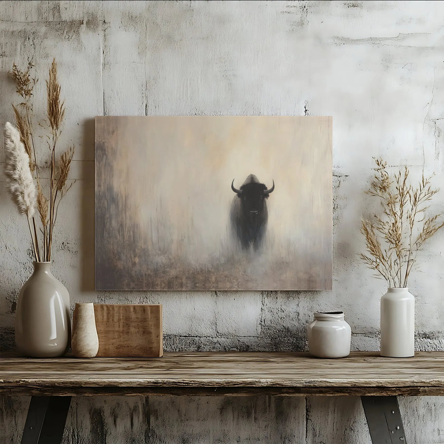 American Bison Canvas Wall Art | Foggy Wildlife Landscape Print | Premium 1.25 inch Gallery Wrap | Western Rustic Home Decor Gift