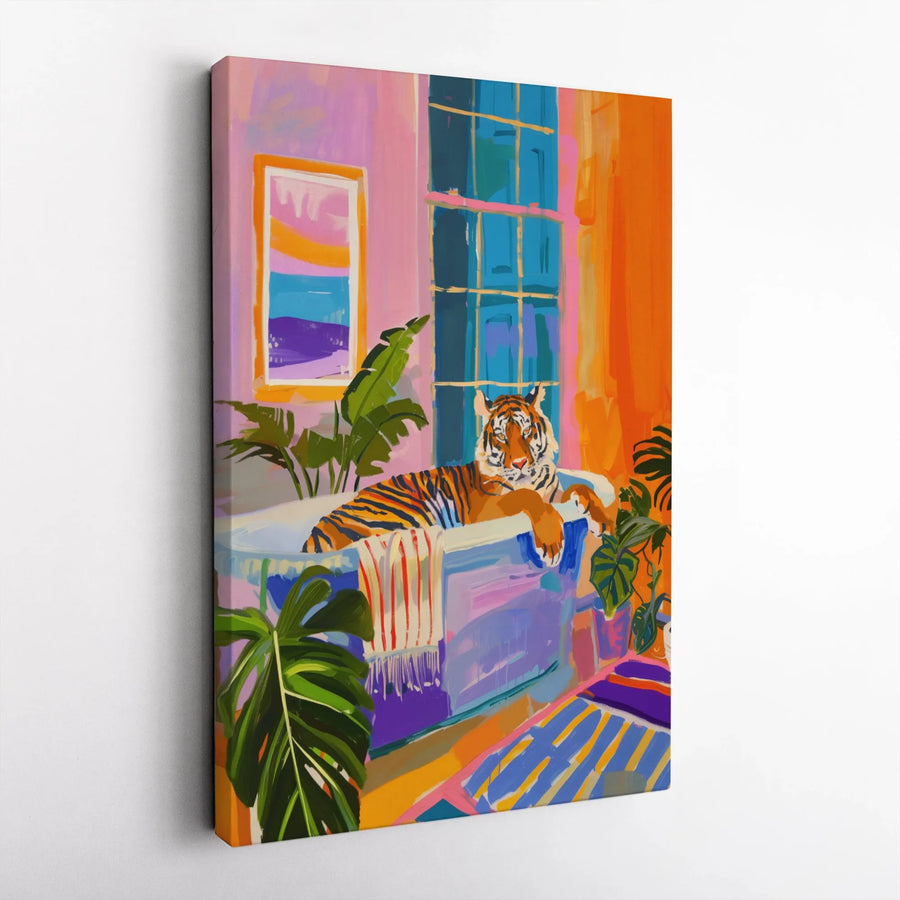 Tiger In Bathtub Canvas Art | Colorful Tropical Bathroom Wall Decor | 1.25" Gallery Wrap | Maximalist Jungle Home Gift
