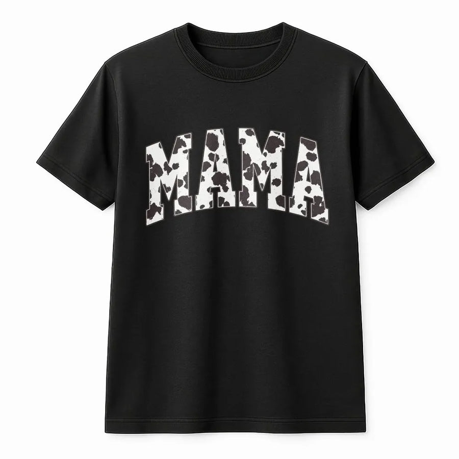 Cow Print Mama T-Shirt | Western Cowgirl Varsity Graphic Pullover | Premium Cotton Blend | Cute Country Farm Mom Gift for Her