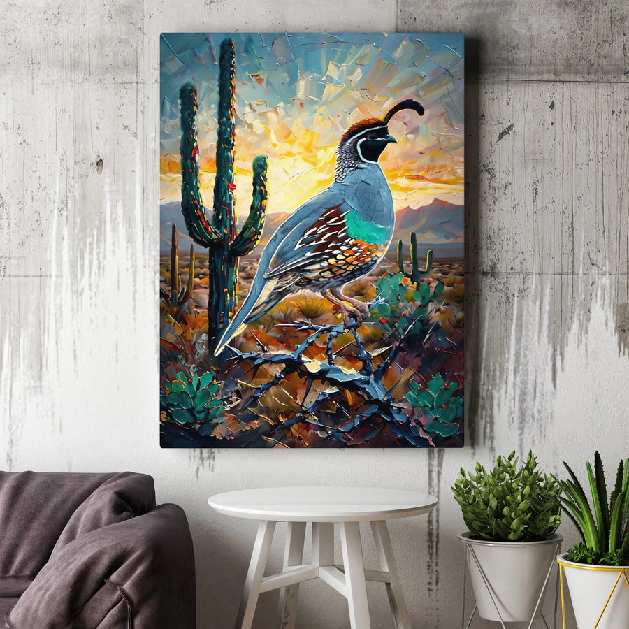 Quail Desert Wall Art | Impasto Cactus Landscape Painting | Premium Gallery-Wrapped Canvas | Southwestern Home Decor Gift