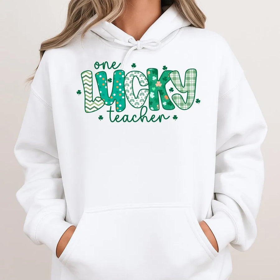 One Lucky Teacher Hoodie | St Patrick’s Day Graphic Sweatshirt | Premium Cotton-Poly Blend | Cute Irish School Staff Gift for Women & Teachers