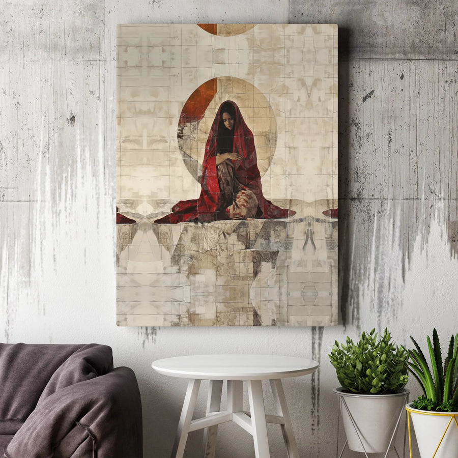 Abstract Woman Canvas Art | Sorrowful Figure in Red Cloak Print | Premium Gallery Wrapped Canvas | Modern Spiritual Home Decor Gift