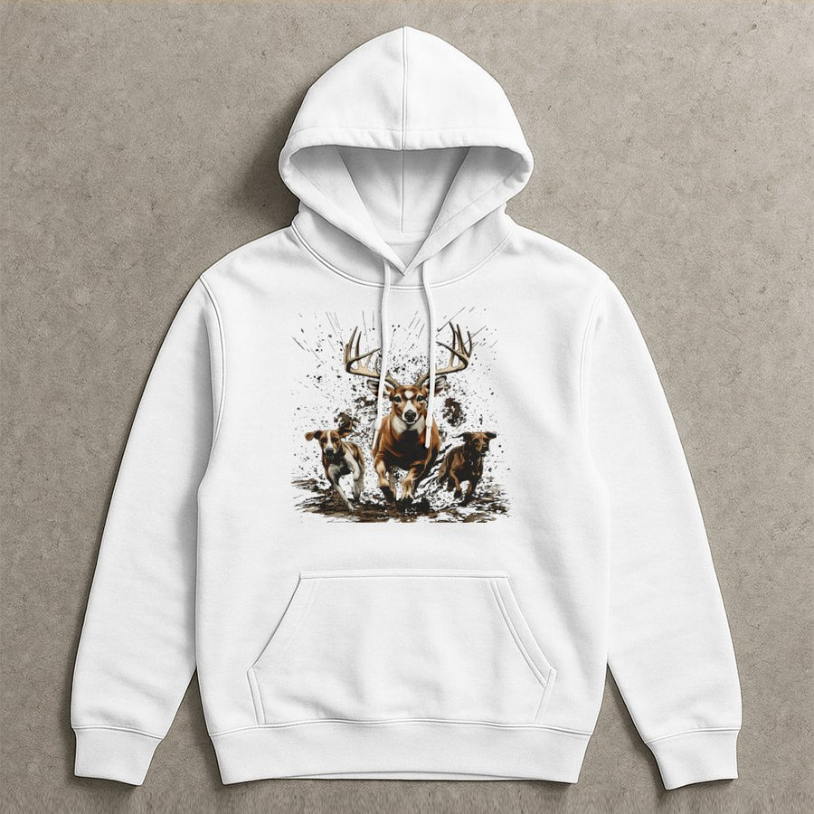 Hound Dog Deer Hunting Hoodie | Running Buck & Tracking Hounds Graphic | Premium Cotton Blend | Gift For Hunter & Outdoorsman