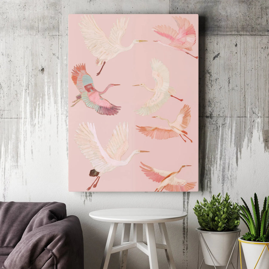 Flying Herons Vertical Canvas | Elegant Japanese Crane Pattern Print | Premium 1.25" Thick Gallery Wrapped Canvas | Minimalist Bedroom Wall Decor Gift