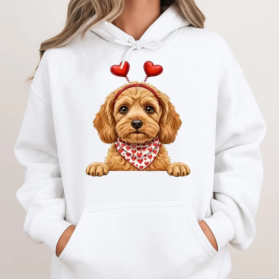 Valentine's Day Doodle Dog Hoodie | Cute Puppy with Heart Headband Design | Soft Cotton-Polyester Blend | Premium Gift for Dog Lovers & Pet Owners