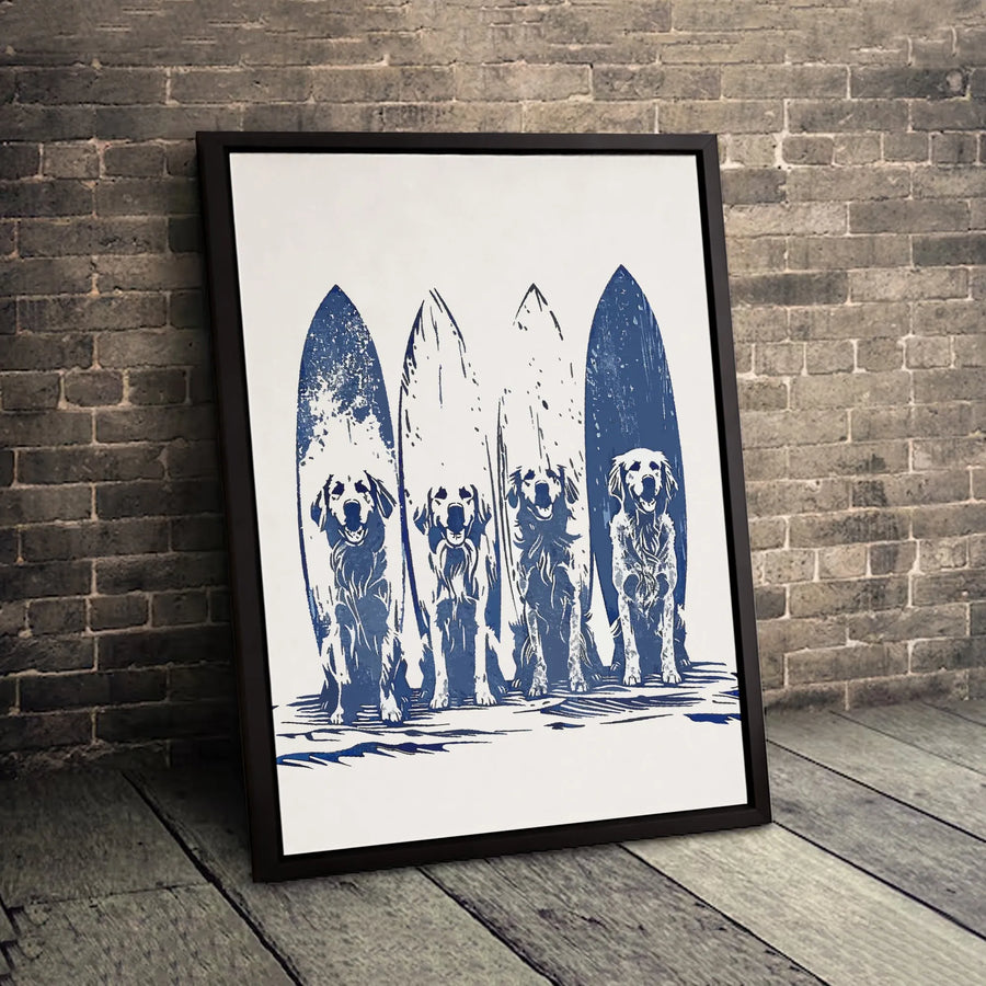 Golden Retriever Canvas Art | Surfer Dog Block Print Decor | Gallery Quality 1.25 Inch Canvas | Coastal Beach House Wall Art Gift