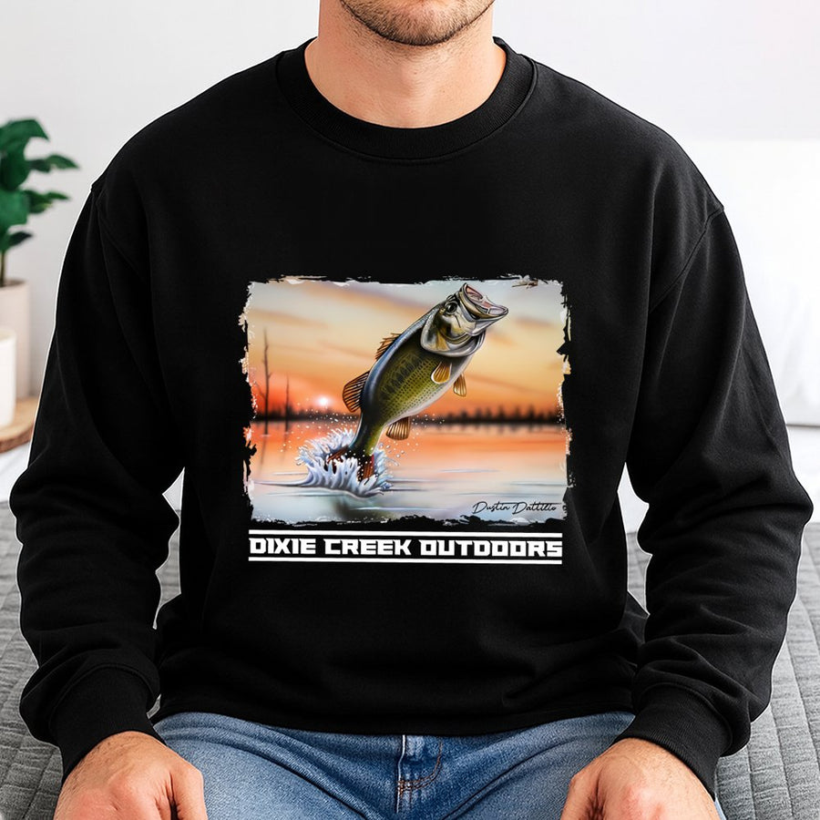 Dixie Creek Outdoors Bass Fishing Sweatshirt | Dynamic Sunset Lake Graphic | Premium Cotton-Blend | Gift For Anglers And Outdoorsmen