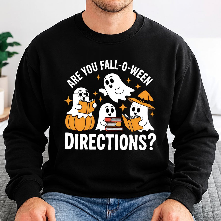 Fall-O-Ween Ghost Sweatshirt | Cute Reading Ghosts Graphic | Soft Cotton Blend Crewneck | Halloween Teacher Gift for Book Lovers