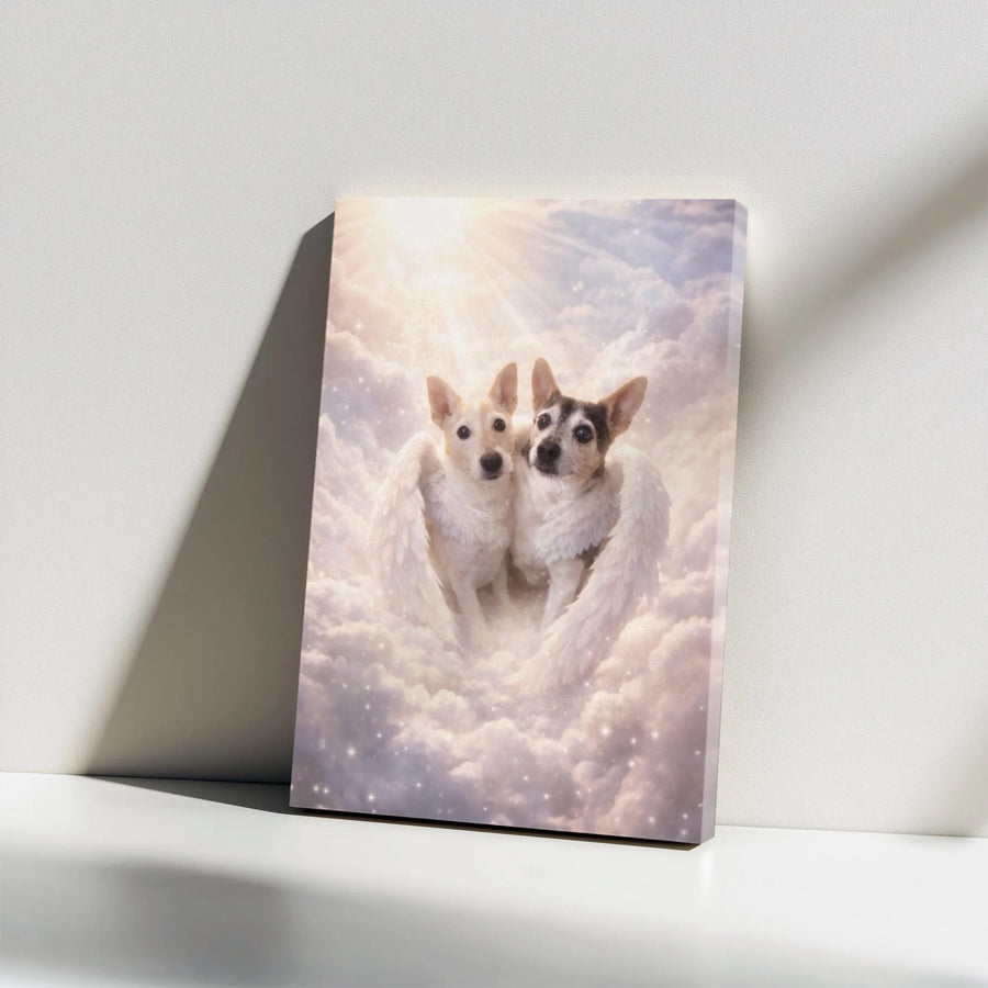 Angel Dogs Canvas Wall Art | Two Dogs with Wings in Heaven Portrait | Premium Stretched Canvas | Pet Loss Sympathy Gift for Dog Owner