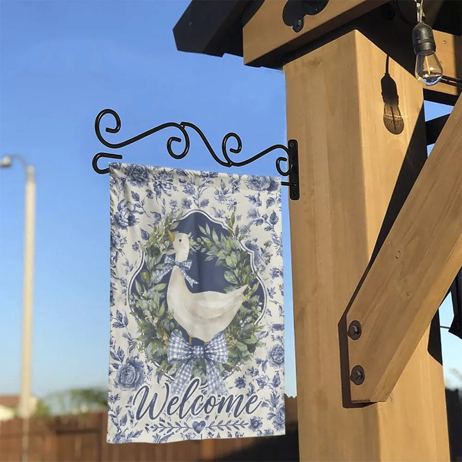 Farmhouse Goose Garden Flag | Blue Floral Welcome Sign with Gingham Bow | Double Sided Polyester | Yard & Patio Decor Housewarming Gift