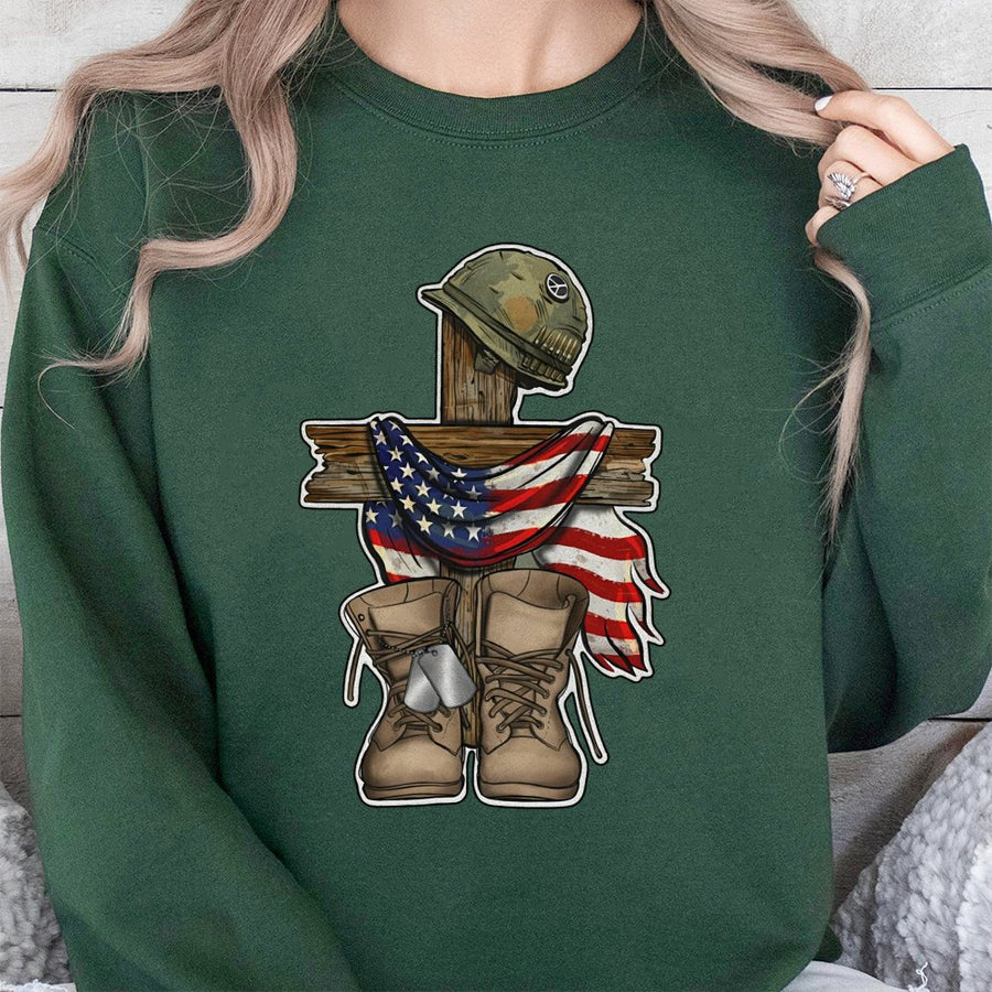 Veterans Day Sweatshirt | Patriotic Military Memorial Cross & Boots | Premium Cotton Blend | Gift For Patriot Veteran Or Active Duty Soldier