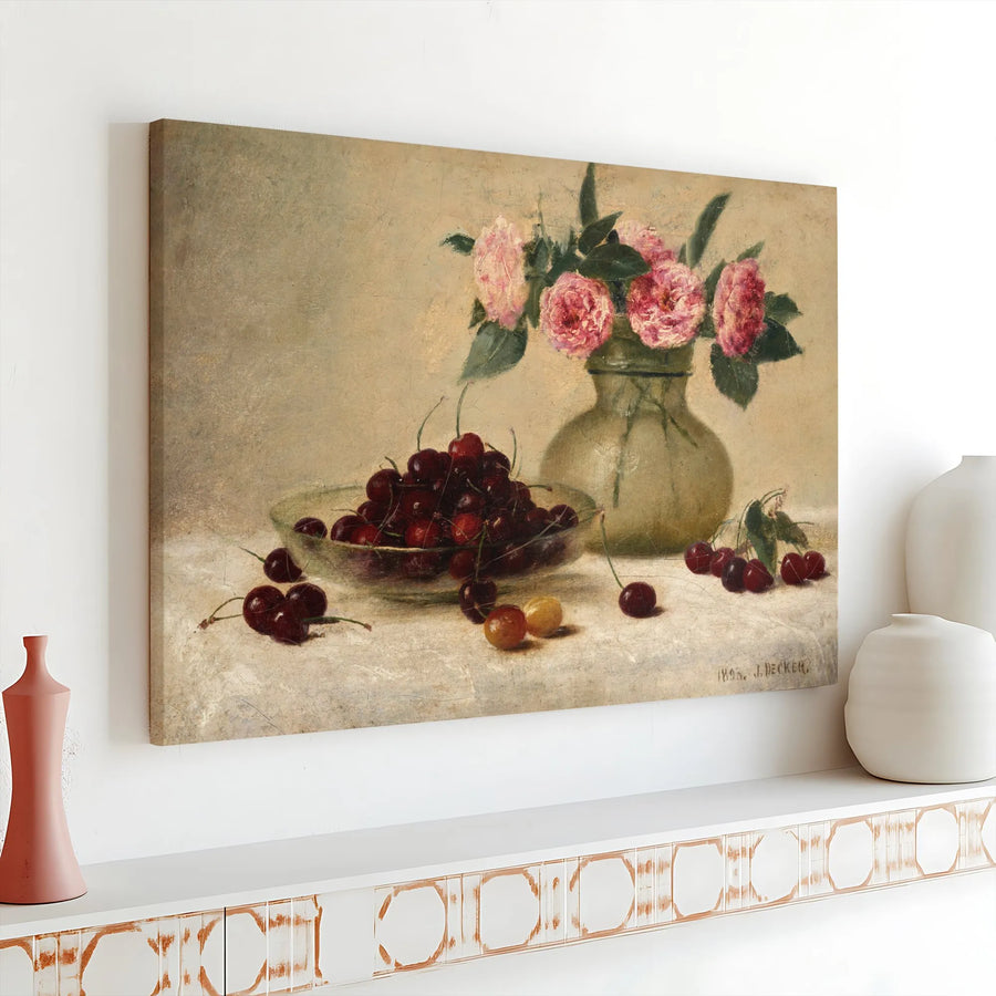 Vintage Still Life Canvas Print | J. Decker Cherries & Roses Painting | Premium Gallery Quality Wall Art | Kitchen & Dining Room Decor Gift